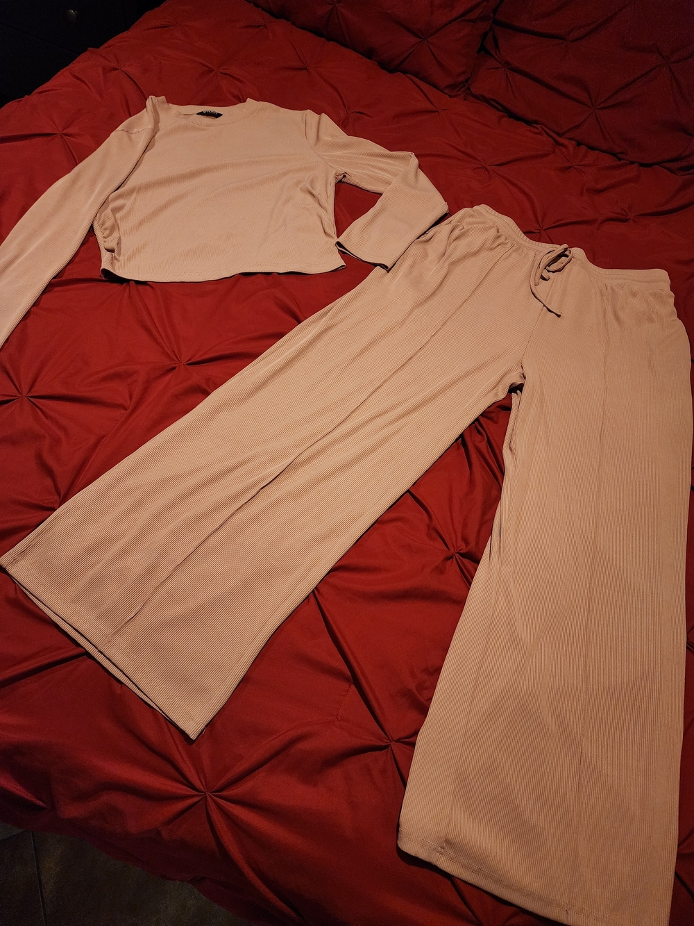 Women's Wide-Leg Lounge Pants Set in Light Beige